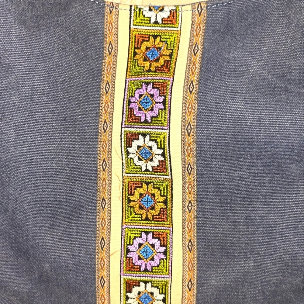 Denim Style Canvas Boho Style Purse, Shoulder Bag, Embroidered Design And Pocket